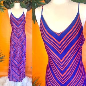 SOLD- Sevengate Blue & Red Geometric Print Summer Maxi Dress Chevron Diamond